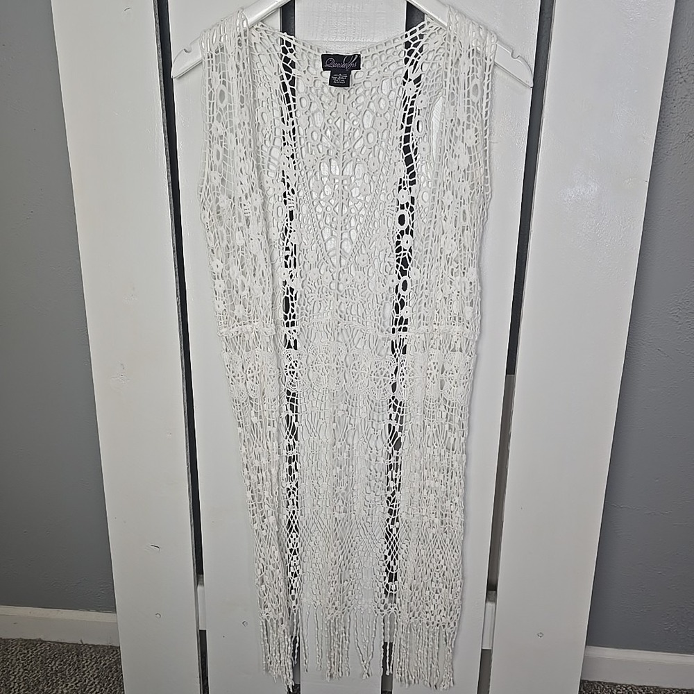 Questions Floral Open Knit‎ Fringe White Cardigan Small Boho Western Festival